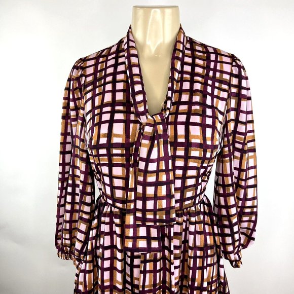 Gal Meets Glam Lindsey Dress Size 2 Purple Pink Plaid Tie Neck Pockets V Neck - Picture 6 of 15